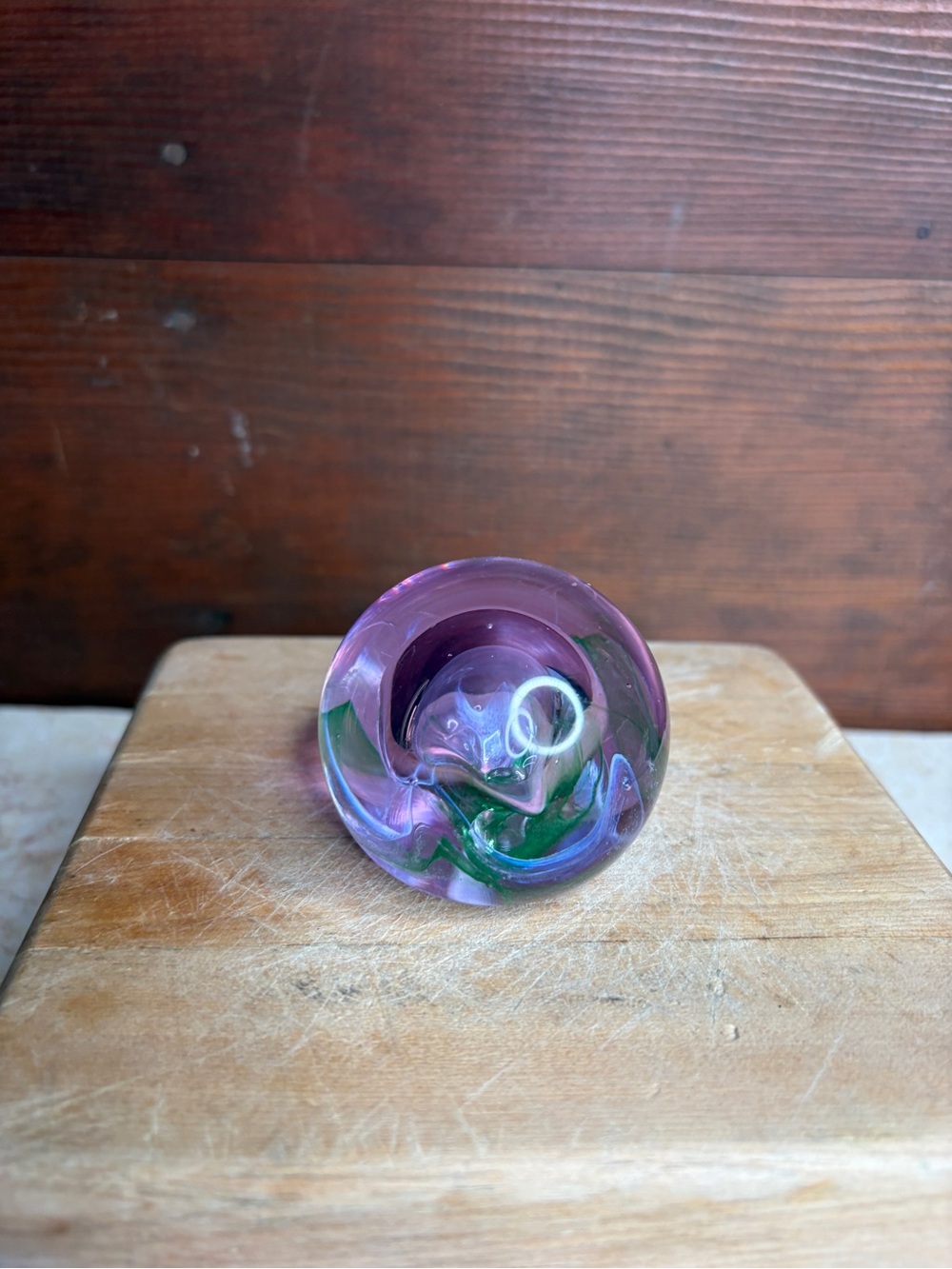 Caithness Scotland Moon Crystal Handblown Paperweight With Purple & Green Swirls